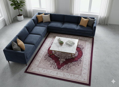 Washable Persian Medallion Rug – Burgundy Cream Distressed Traditional Carpet