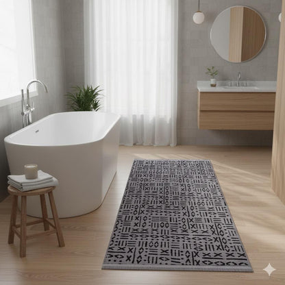 Modern Tribal Mudcloth Area Rug – Gray Black Geometric Boho Carpet