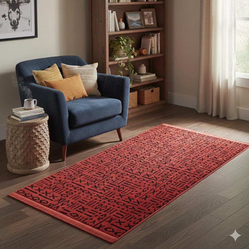 Red Tribal Geometric Rug, Boho Southwestern Accent Carpet, Scandinavian Decor Floor Rug