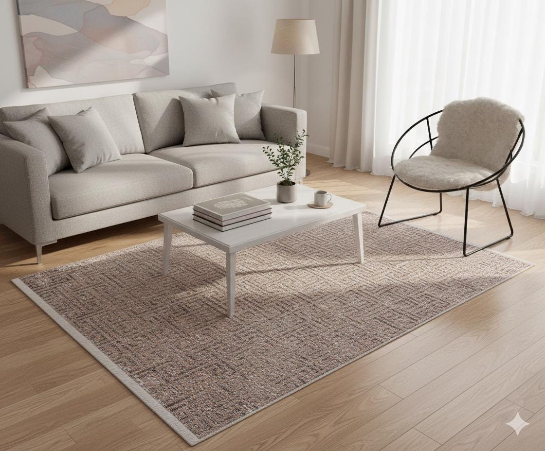 Modern Greek Key Distressed Washable Area Rug – Faded Terracotta & Grey Geometric Non-Slip Carpet