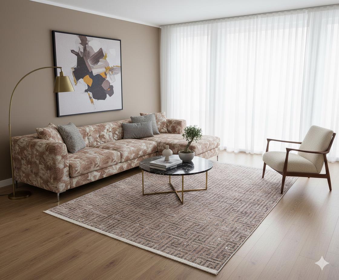 Modern Greek Key Distressed Washable Area Rug – Faded Terracotta & Grey Geometric Non-Slip Carpet