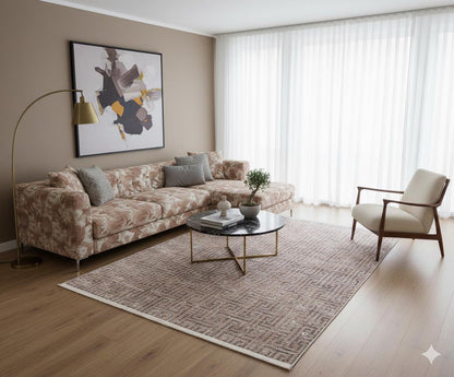 Modern Greek Key Distressed Washable Area Rug – Faded Terracotta & Grey Geometric Non-Slip Carpet