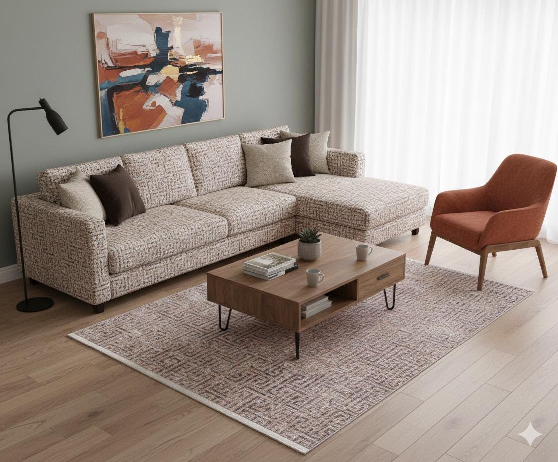 Modern Greek Key Distressed Washable Area Rug – Faded Terracotta & Grey Geometric Non-Slip Carpet