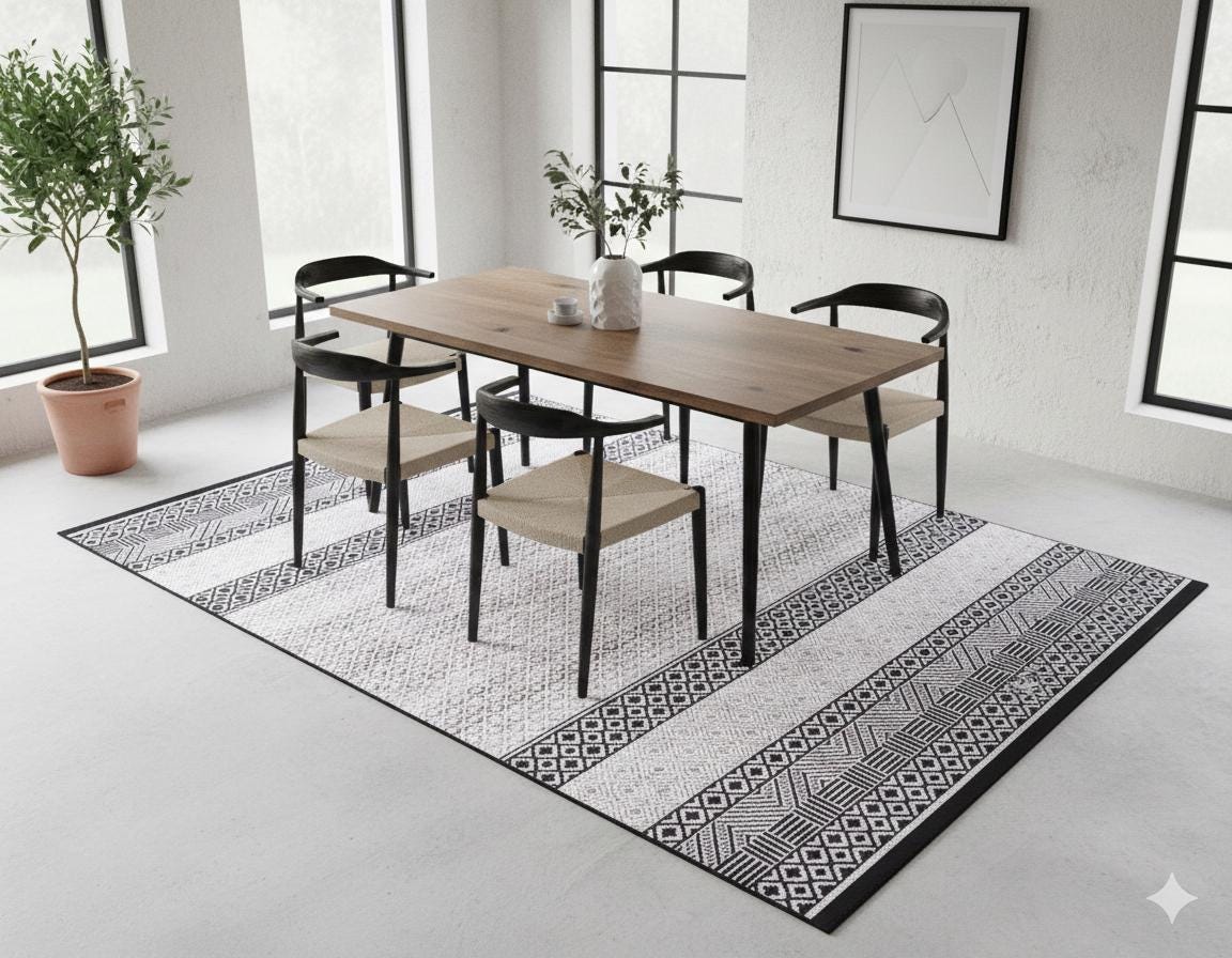 Machine Washable Boho Area Rug – Black White Tribal Geometric Farmhouse Decor