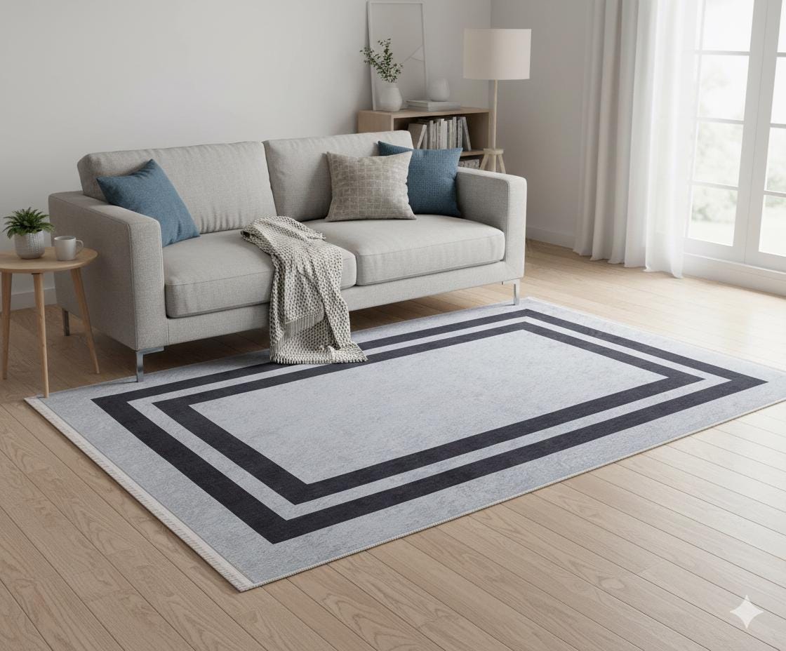 Modern Geometric Gray Area Rug, Black Frame Border, Scandinavian Living Room Carpet