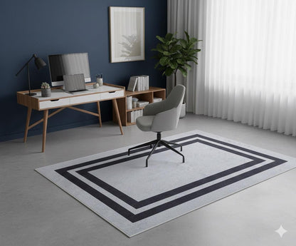 Modern Geometric Gray Area Rug, Black Frame Border, Scandinavian Living Room Carpet