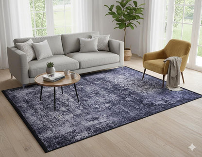 Distressed Navy Medallion Area Rug, Vintage Boho Faded Carpet, Non-Slip Living Room Runner