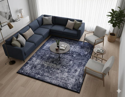 Distressed Navy Medallion Area Rug, Vintage Boho Faded Carpet, Non-Slip Living Room Runner