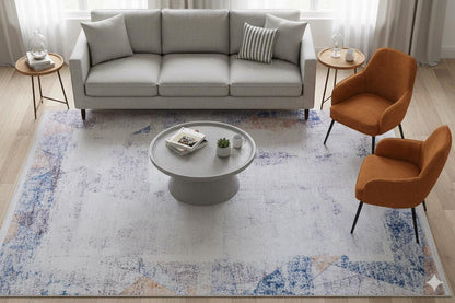 Distressed Abstract Geometric Area Rug – Blue Terracotta Boho Living Room Carpet