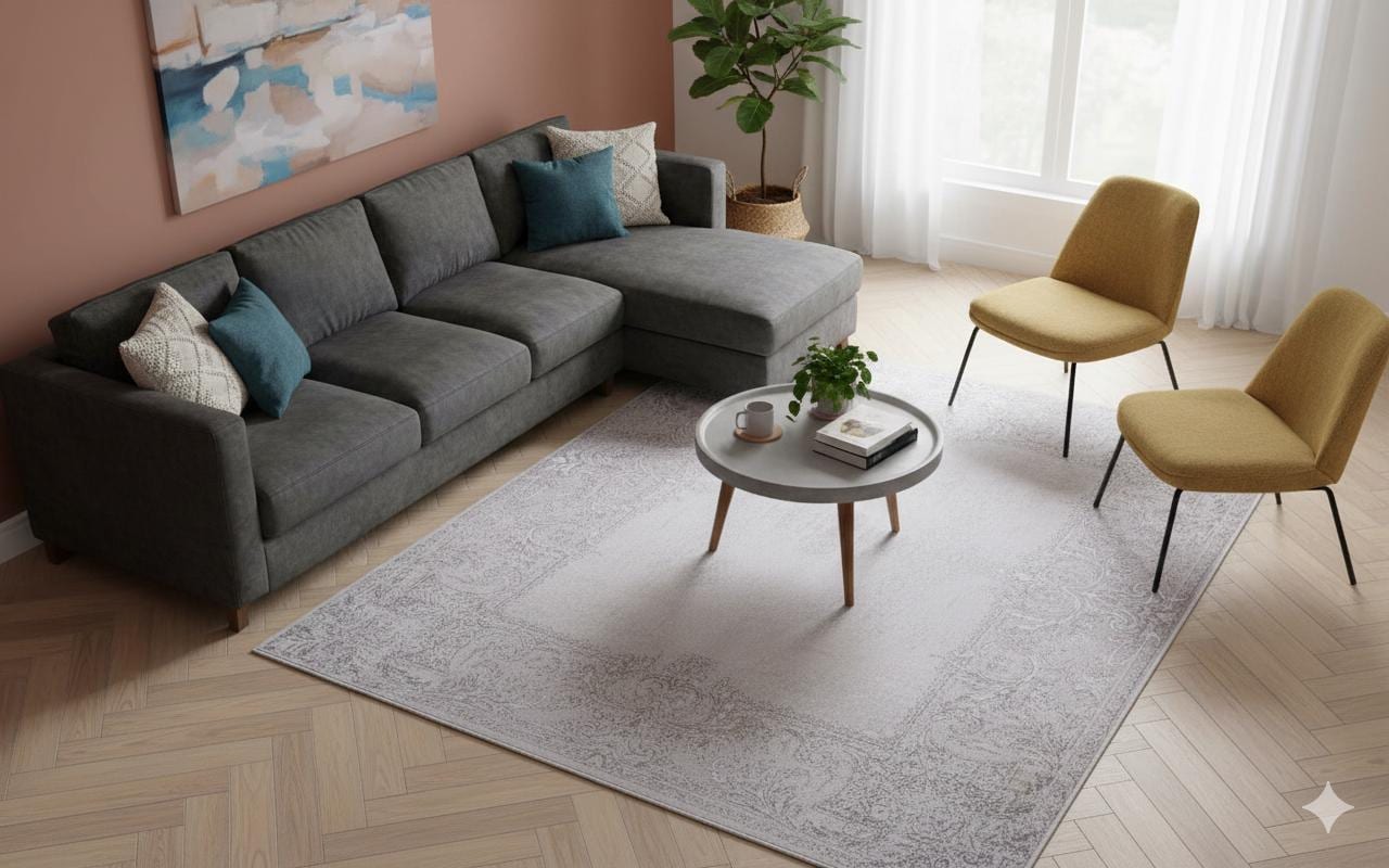 Distressed Vintage Turkish Style Area Rug – Machine Washable Cream Beige Carpet