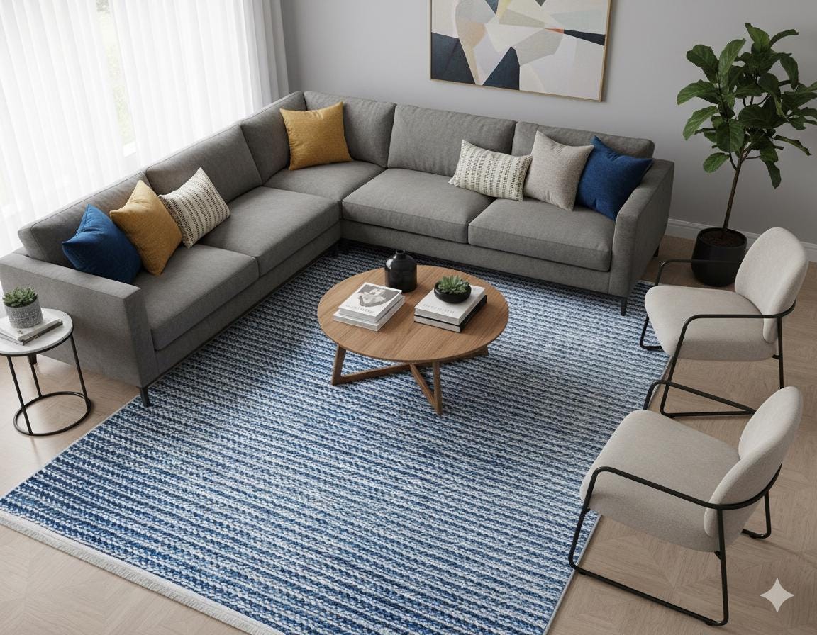 Washable Blue Striped Area Rug, Modern Scandinavian Carpet, Farmhouse Bedroom Mat