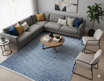 Washable Blue Striped Area Rug, Modern Scandinavian Carpet, Farmhouse Bedroom Mat