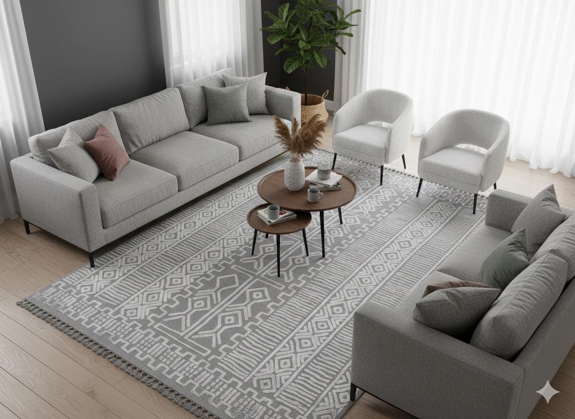 Modern Geometric High-Low Pile Viscose Carpet – Beige & White Tribal Design Area Rug