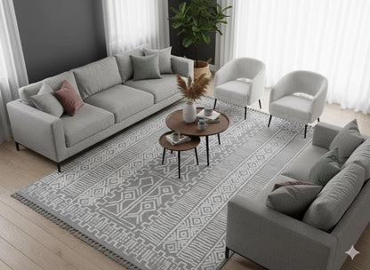 Modern Geometric High-Low Pile Viscose Carpet – Beige & White Tribal Design Area Rug