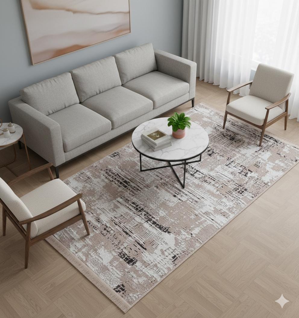 Washable Abstract Area Rug – Distressed Beige & Grey Boho Farmhouse Carpet