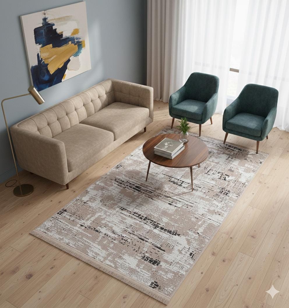 Washable Abstract Area Rug – Distressed Beige & Grey Boho Farmhouse Carpet