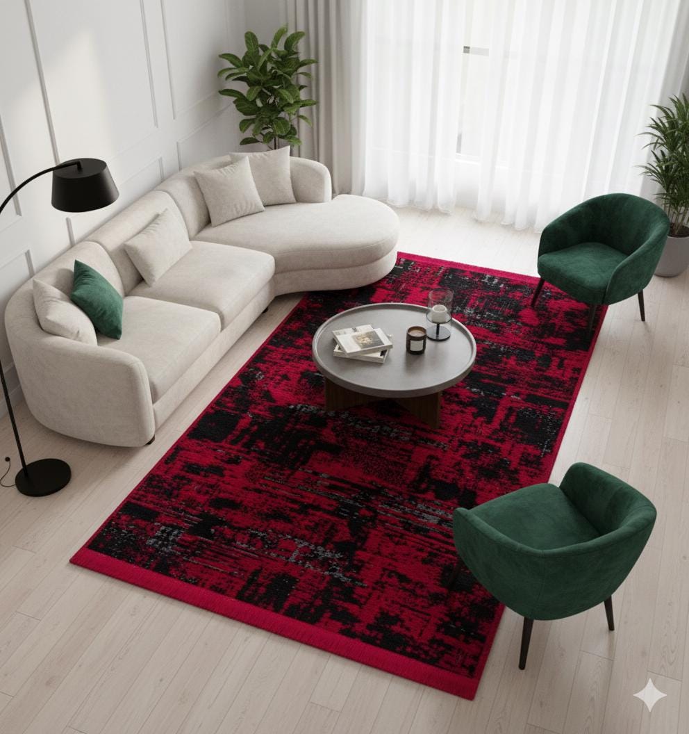 Abstract Red Black Runner Rug – Distressed Washable Hallway, Kitchen Carpet