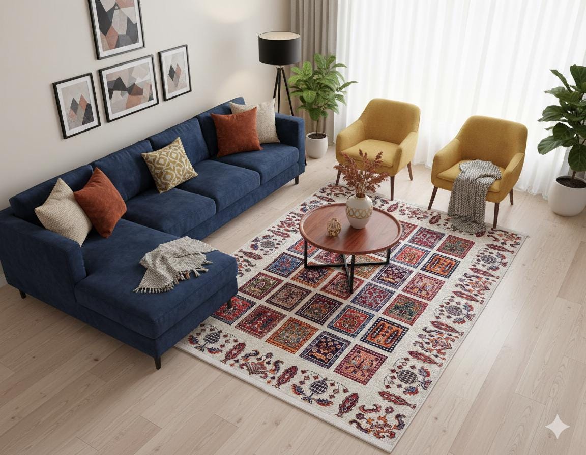 Modern Boho Persian Rug – Washable Tribal Grid Carpet for Living Room