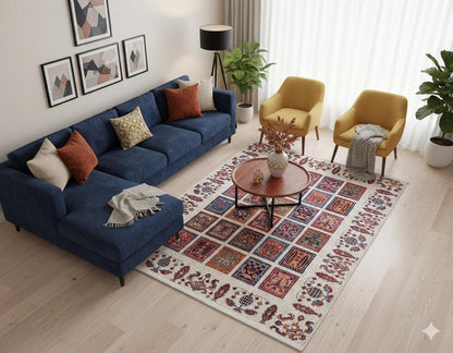 Modern Boho Persian Rug – Washable Tribal Grid Carpet for Living Room