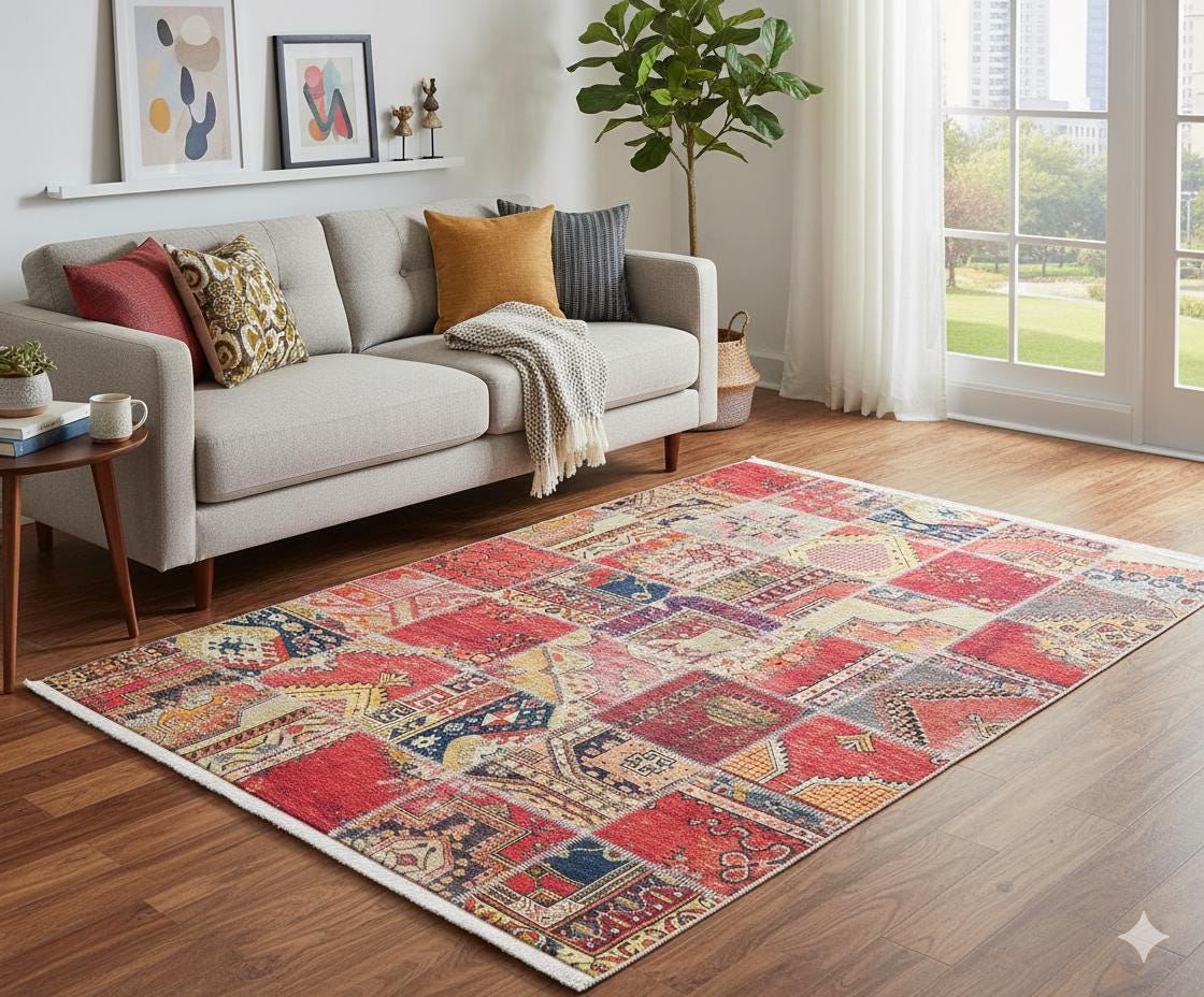 Red Boho Patchwork Area Rug – Turkish Kilim Style, Non-Slip Carpet