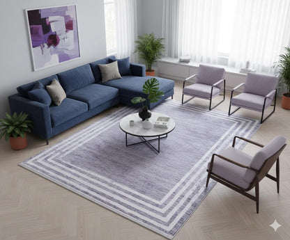 Gray Distressed Border Area Rug, Scandi Style, Machine Washable, Non-Slip