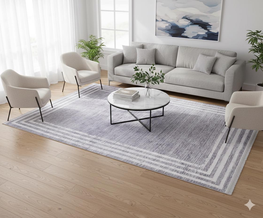 Gray Distressed Border Area Rug, Scandi Style, Machine Washable, Non-Slip