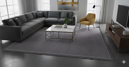Grey Ribbed Area Rug – Modern Low-Pile Cotton Carpet, Washable, Pet Friendly