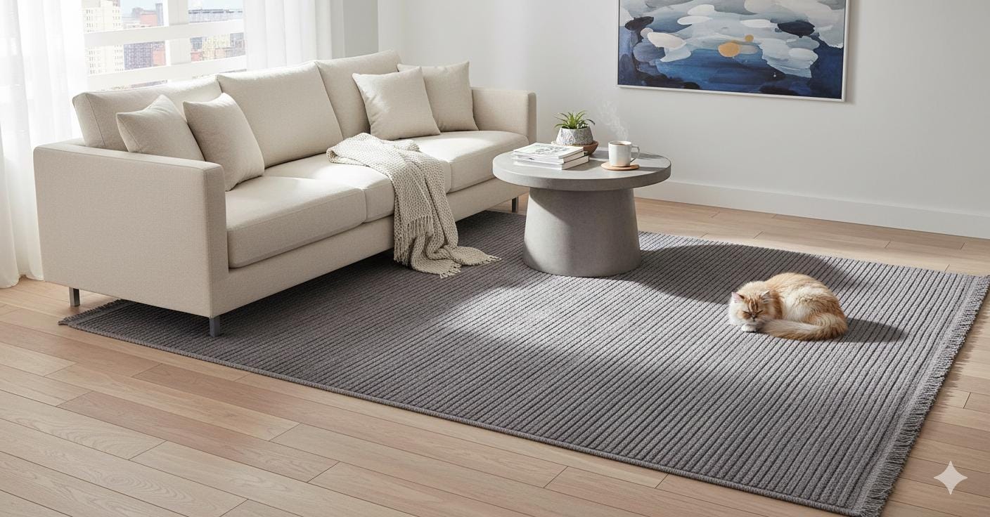 Grey Ribbed Area Rug – Modern Low-Pile Cotton Carpet, Washable, Pet Friendly