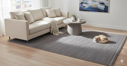 Grey Ribbed Area Rug – Modern Low-Pile Cotton Carpet, Washable, Pet Friendly