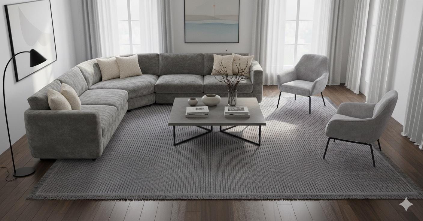 Grey Ribbed Area Rug – Modern Low-Pile Cotton Carpet, Washable, Pet Friendly