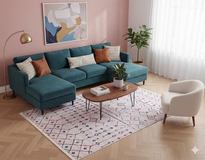 Boho Moroccan Area Rug – Colorful Tribal Geometric Carpet, Washable Bohemian Living Room