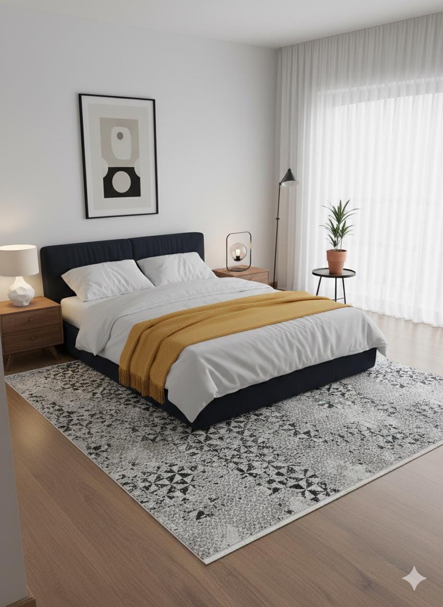 Modern Geometric Area Rug – Distressed Black Grey Abstract Living Room Decor
