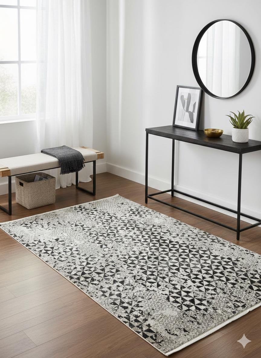 Modern Geometric Area Rug – Distressed Black Grey Abstract Living Room Decor