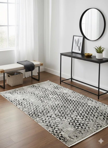 Modern Geometric Area Rug – Distressed Black Grey Abstract Living Room Decor