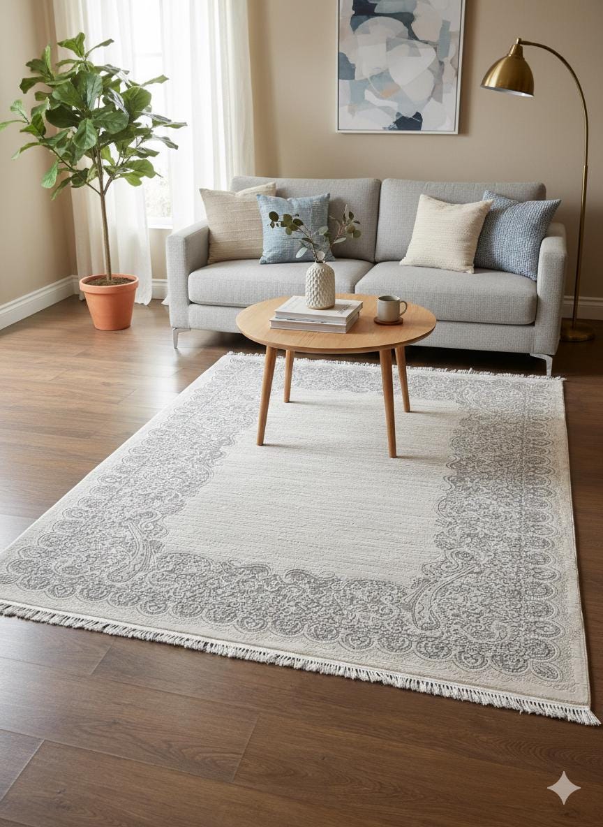 Gray Cream Paisley Oriental Rug – Turkish Soft-Touch Fringe Carpet