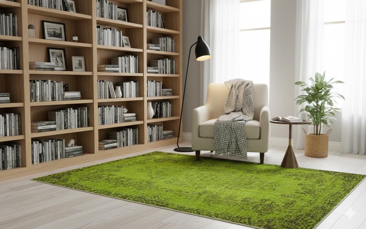 Vintage Green Wool Rug (5.6x8.6 ft) - Anatolian Persian Design