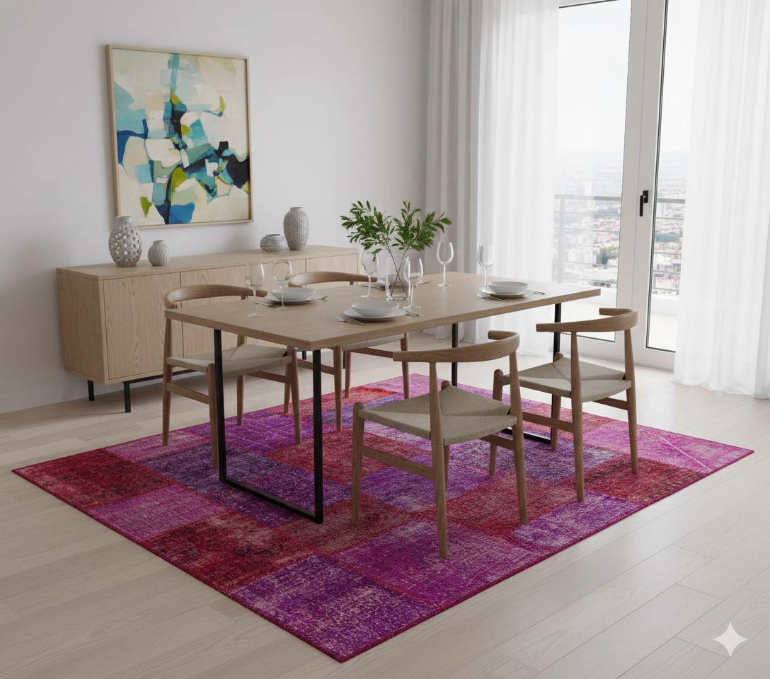 Handmade Purple Patchwork Wool Rug - Bohemian Turkish Rug (6'8''x7'7'')