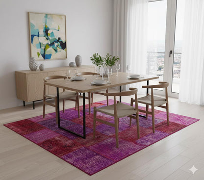 Handmade Purple Patchwork Wool Rug - Bohemian Turkish Rug (6'8''x7'7'')