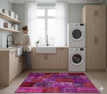 Handmade Purple Patchwork Wool Rug - Bohemian Turkish Rug (6'8''x7'7'')
