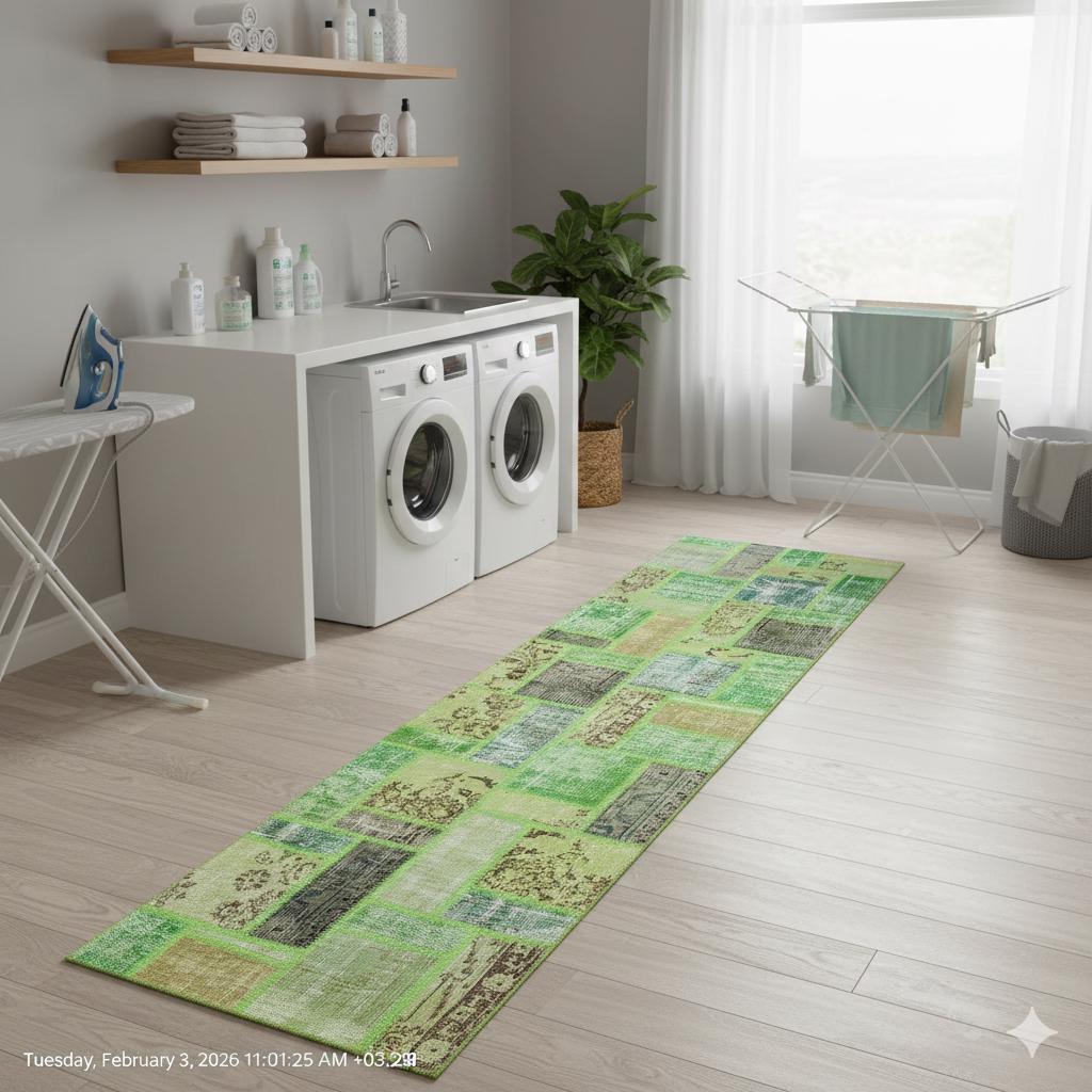 Handmade Green Patchwork Wool Rug: Bohemian Runner (2.6x9.7 ft)