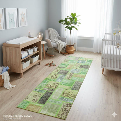Handmade Green Patchwork Wool Rug: Bohemian Runner (2.6x9.7 ft)