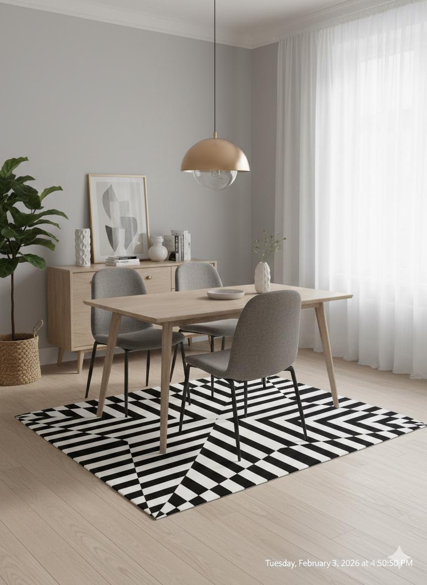 Hand Tufted Custom Rug: Black & White Viscose, Geometric Design