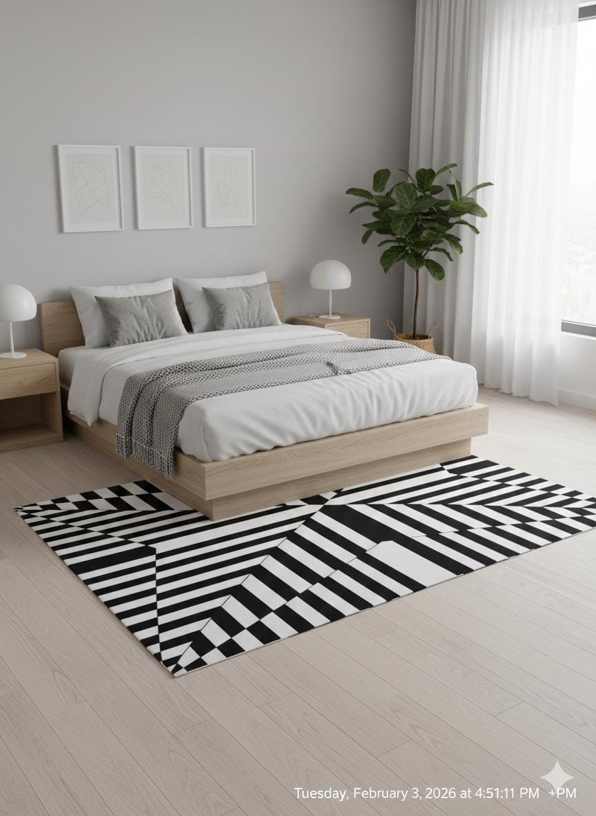 Hand Tufted Custom Rug: Black & White Viscose, Geometric Design
