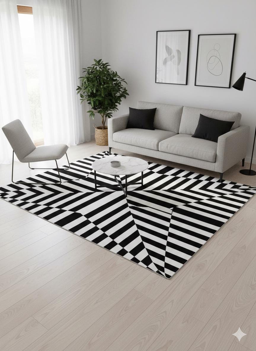 Hand Tufted Custom Rug: Black & White Viscose, Geometric Design