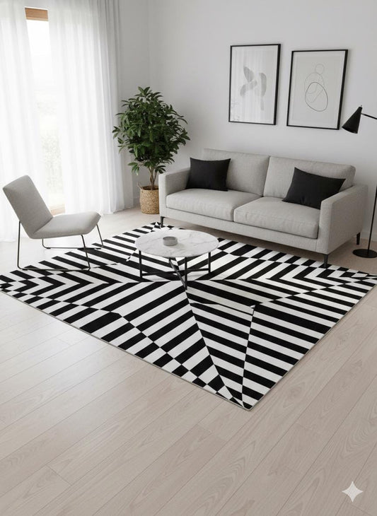 Hand Tufted Custom Rug: Black & White Viscose, Geometric Design