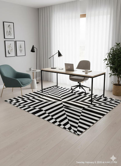 Hand Tufted Custom Rug: Black & White Viscose, Geometric Design