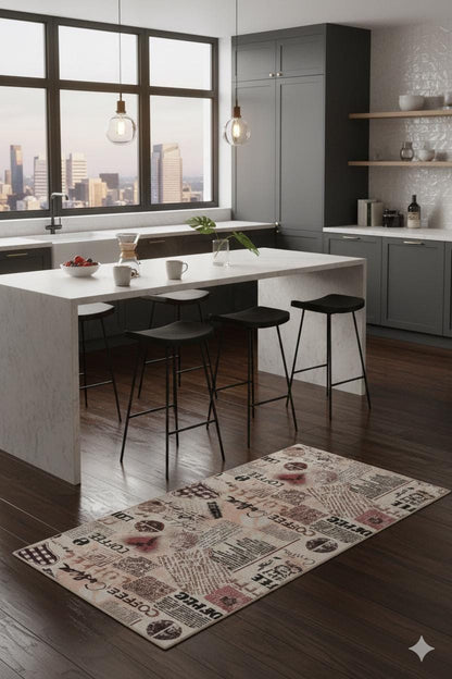 Vintage Coffee Collage Kitchen Runner – Washable, Non-Slip Espresso Area Rug