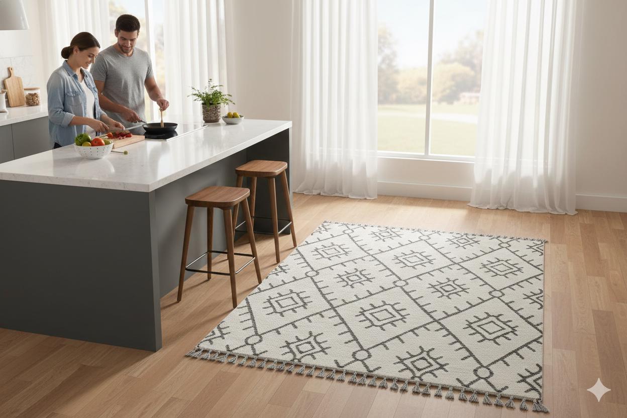 Washable Chenille Area Rug, Neutral Boho Geometric Tribal Carpet, Farmhouse Living Room Décor