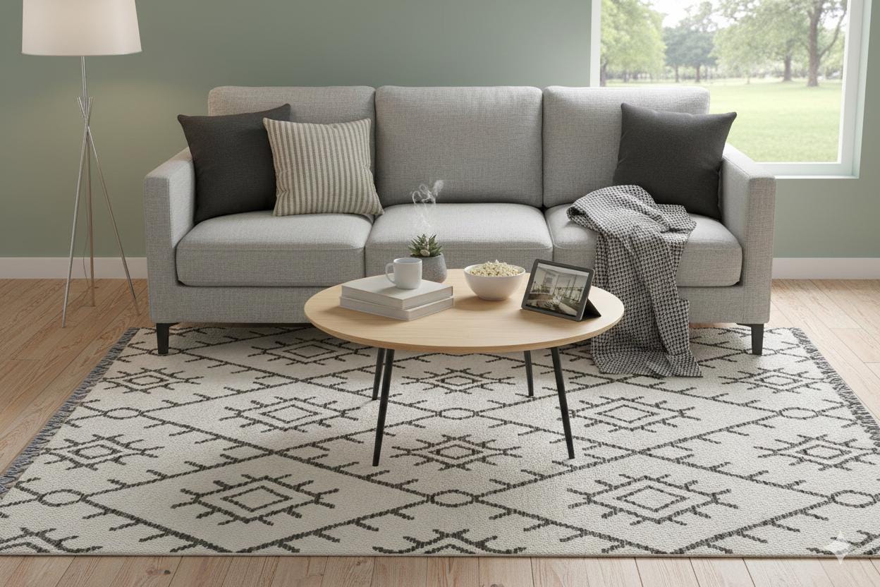 Washable Chenille Area Rug, Neutral Boho Geometric Tribal Carpet, Farmhouse Living Room Décor
