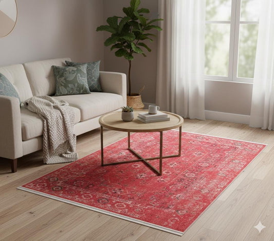Faded Red Turkish Vintage Rug – Distressed Floral Area Carpet for Living Room or Bedroom